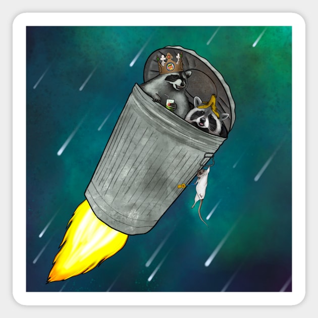 Raccoons And Rat In Trash Bin Launching Into Space Sticker by Ashley D Wilson